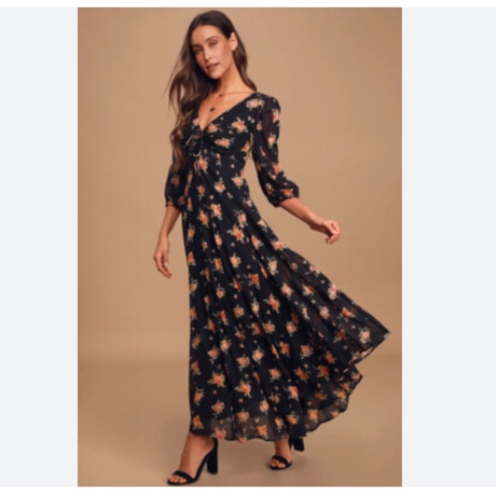 FREE PEOPLE SEA GLASS FLORAL PUFF SLEEVE COTTAGECORE MAXI DRESS BLACK Floral